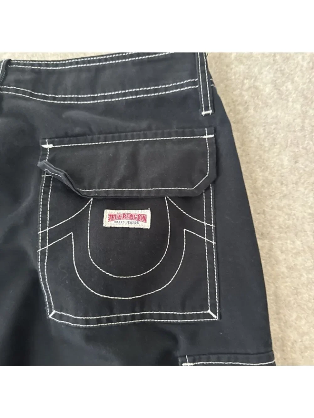 True Religion Bobby Baggy Cargo Pants Black Back Flap Pockets Mens 32x30